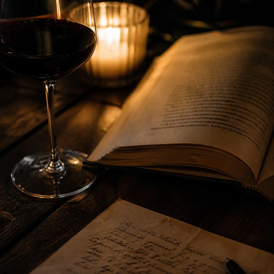 Taça de vinho ao lado de um livro aberto sobre a mesa, à luz de vela