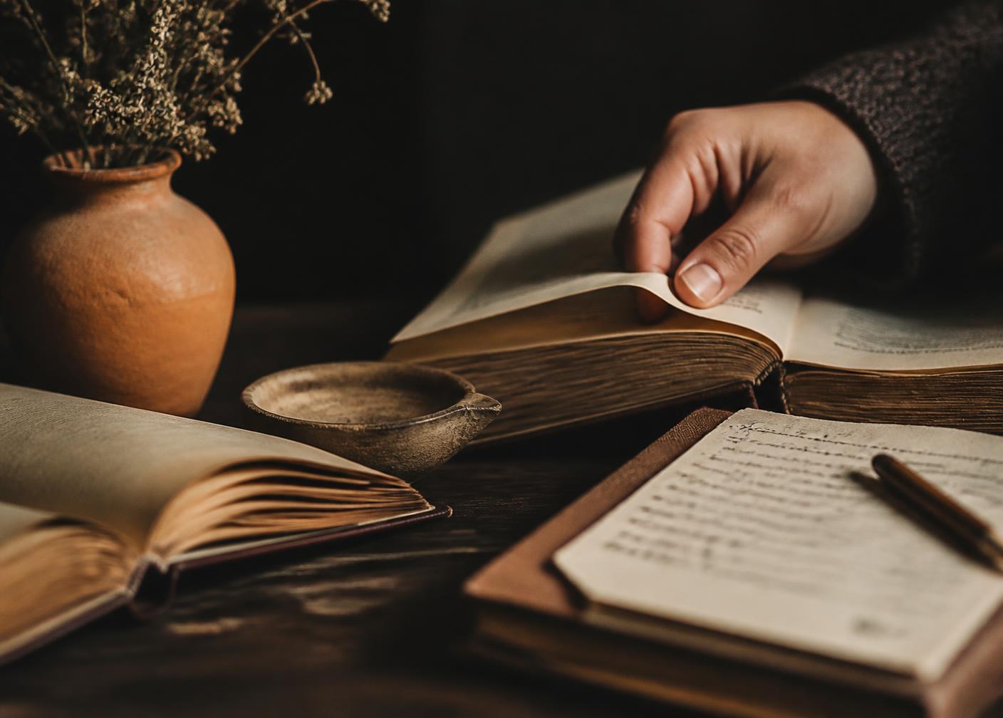 Livros abertos sobre uma mesa de madeira